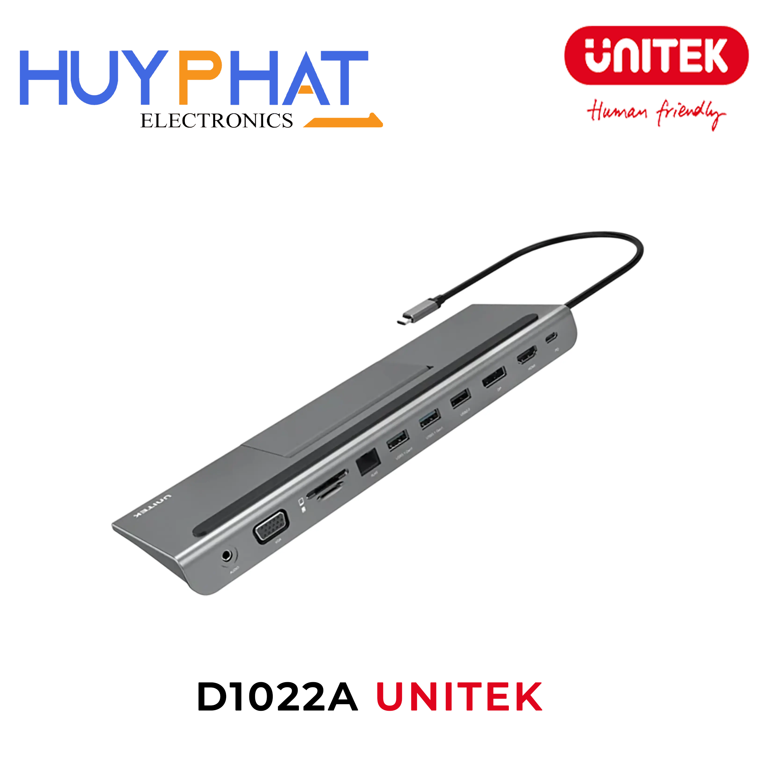 Bộ chuyển đổi 7 cổng Type-C -> USB 3.1 + HDMI  4K@30Hz + DP + VGA + LAN + TF/SD + LAN + PD 100W UNITEK D1022A