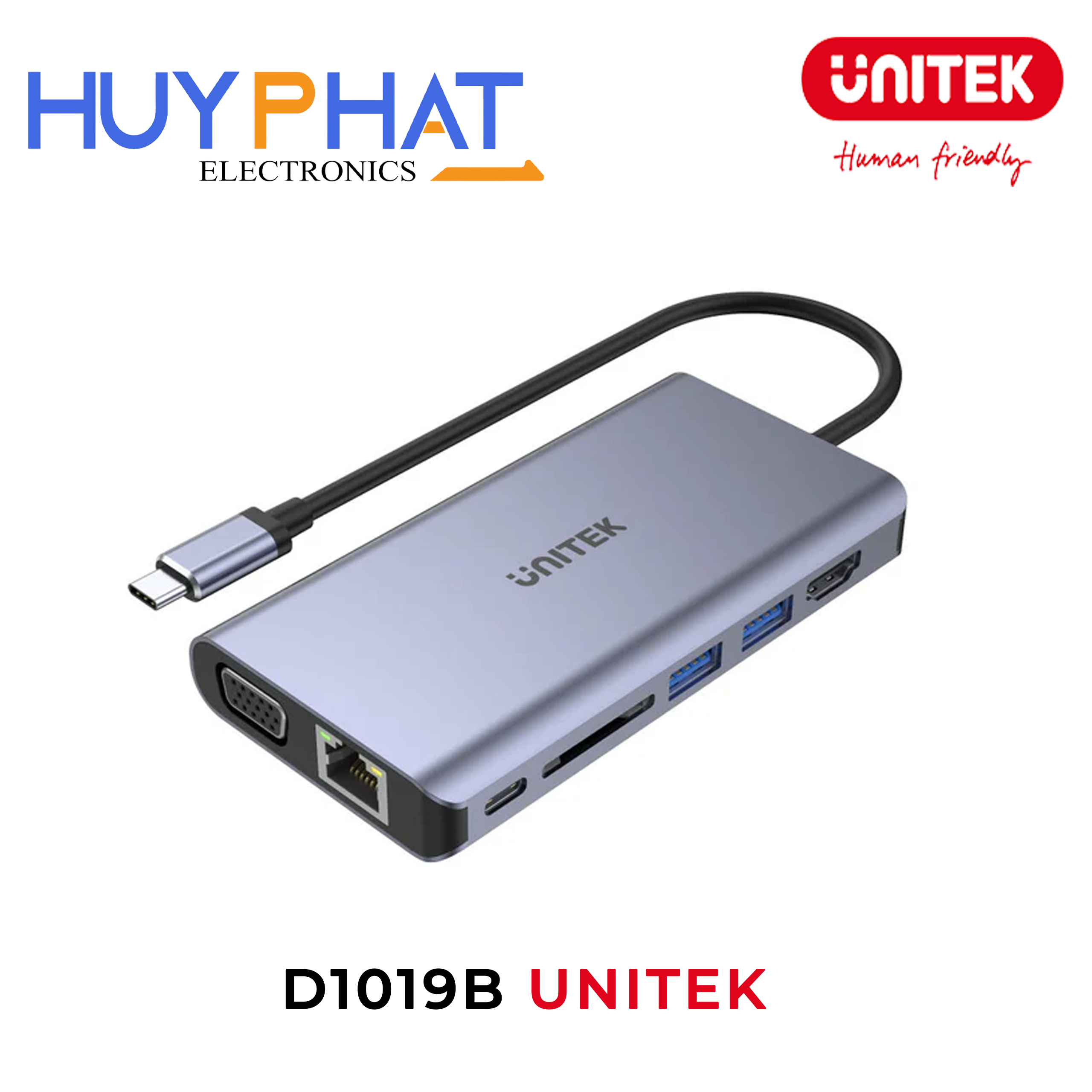 Bộ chuyển đổi 7 cổng Type-C -> HDMI 4K@30Hz + VGA + USB3.0 + LAN + PD 100W UNITEK D1019B