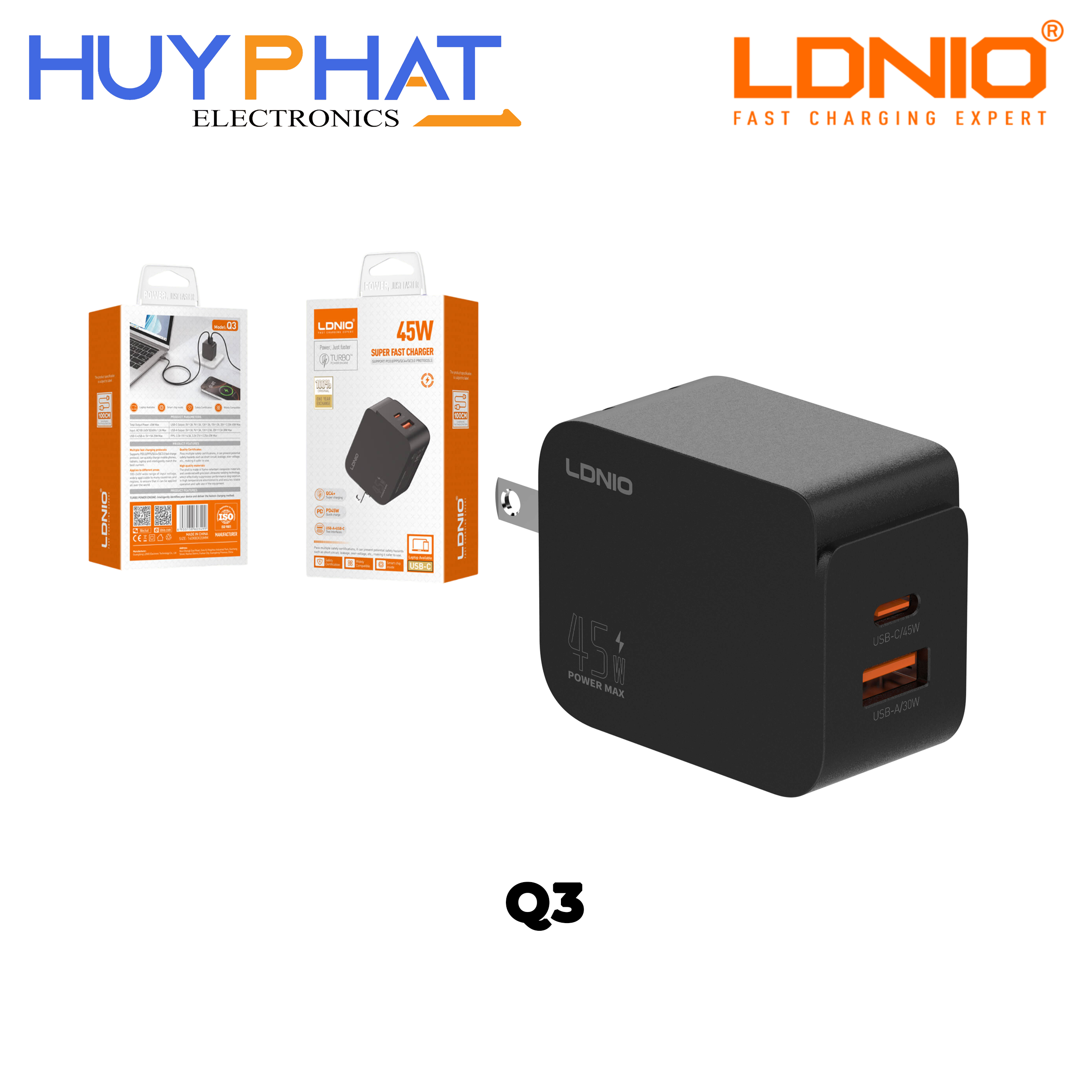 Cục sạc 45W USB/Type-C kèm cáp Type-C màu đen LDNIO Q3