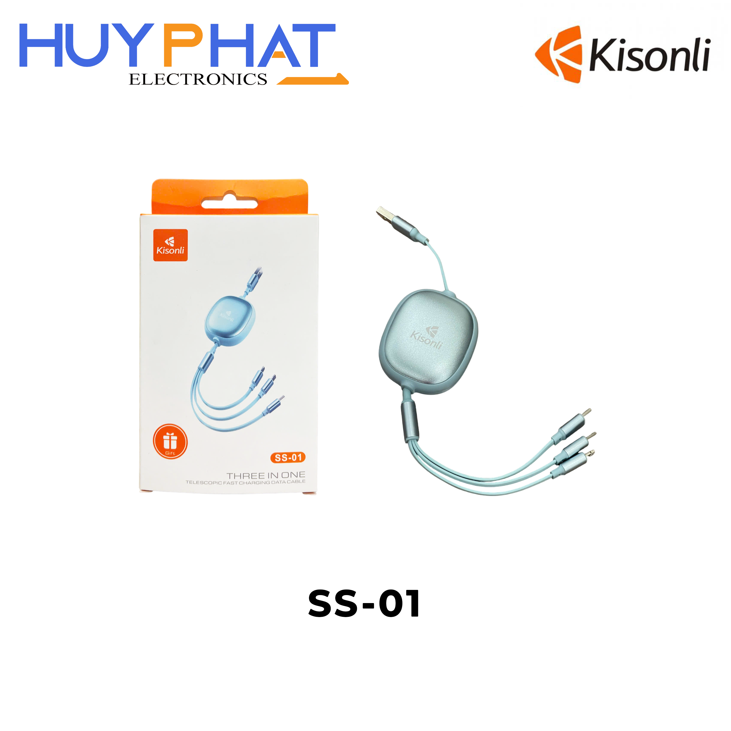 Cáp sạc USB2.0 -> TypeC | Lightning | Micro 100W màu xanh KISONLI SS-01
