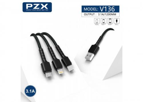 CÁP USB 2.0 -> LIGHTNING + MICRO + TYPE-C 1.2M 3IN1 3.1A V136 PZX
